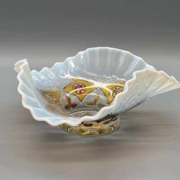 Antique Goofus Glass Bowl Opalescent Ruffled Edge Hand Painted Red Gold Floral - Picture 6 of 8